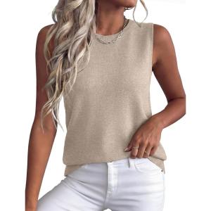 XIEERDUO Sweater Vest Women Crewneck Ribbed Knit Tank Tops Sleeveless Summer Tops Business Casual Outfits Work Blouses(Khaki)