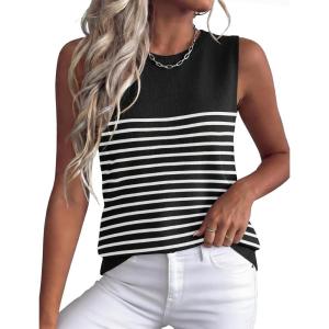 XIEERDUO Sweater Vest Women Crewneck Ribbed Knit Tank Tops Sleeveless Summer Tops Business Casual Outfits Work Blouses(Striped Black-white)