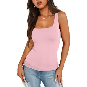 XIEERDUO Womens Square Neck Fitted Tank Tops Double Layer Seamless Slim Fit Shirts 2025 Basic Spring Summer(C Double Layer Tank Tops Light Pink)