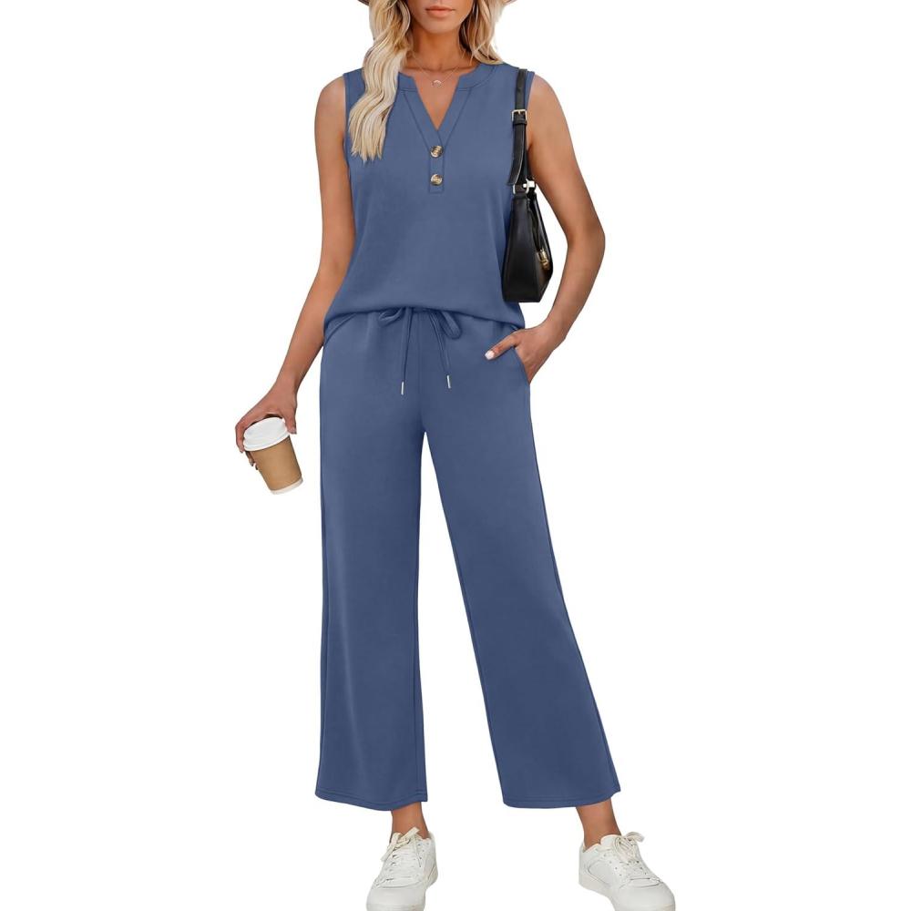 image:imageXIEERDUO Two Piece Lounge Sets for Women Summer Vacation Beach Travel Airport Outfits Casual Cruise Fashion 2026Misty Blue