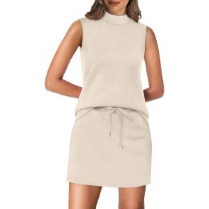 XIEERDUO Two Piece Skirt Sets for Women Summer Beach Vacation Resort Cruise Outfits Mock Neck Tops Tennis Skirt Sets(Beige)