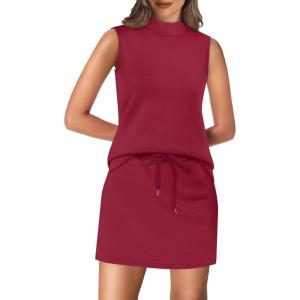 XIEERDUO Two Piece Skirt Sets for Women Summer Beach Vacation Resort Cruise Outfits Mock Neck Tops Tennis Skirt Sets(Red)