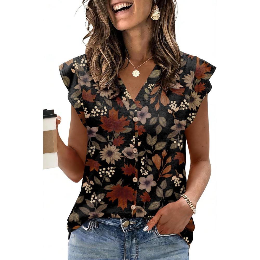 image:imageWomens Tops Ruffle Sleeve Shirts Ladies Tops and Blouses Spring Clothes Tank Tops for Women Business Casual Outfits 2026Black Leaves