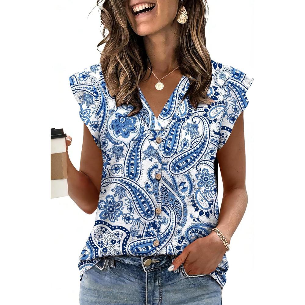 image:imageWomens Tops Ruffle Sleeve Shirts Ladies Tops and Blouses Spring Clothes Tank Tops for Women Business Casual Outfits 2026Blue Floral
