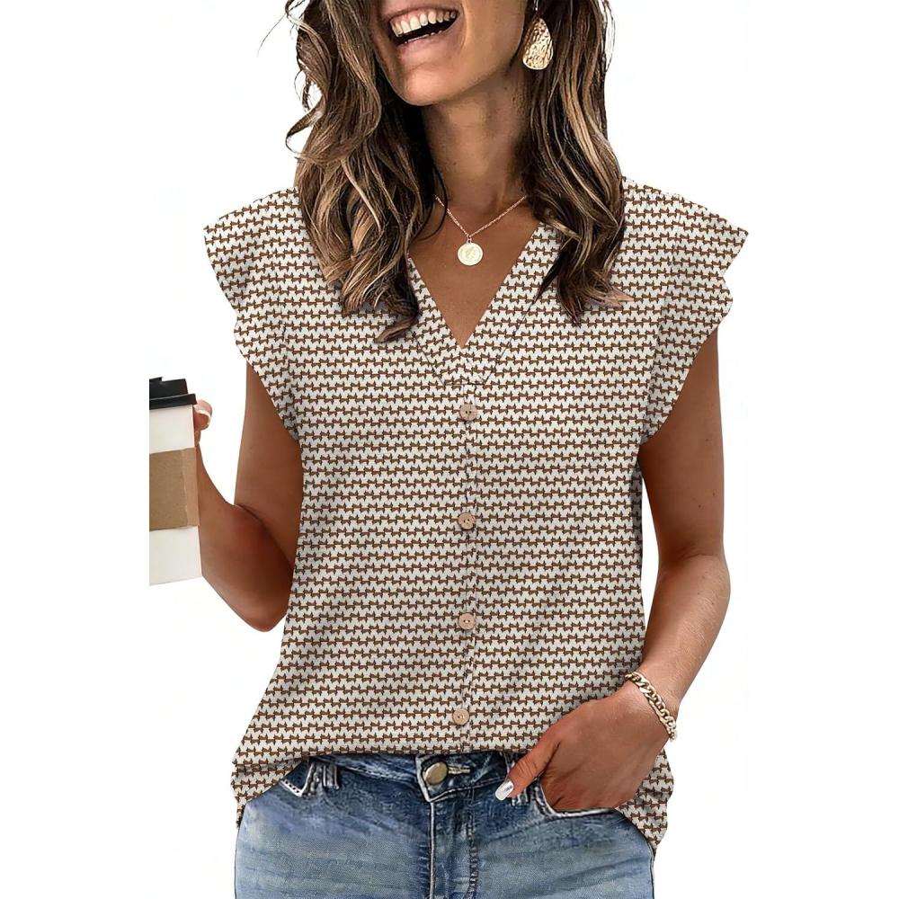 image:imageWomens Tops Ruffle Sleeve Shirts Ladies Tops and Blouses Spring Clothes Tank Tops for Women Business Casual Outfits 2026Brown Stripe