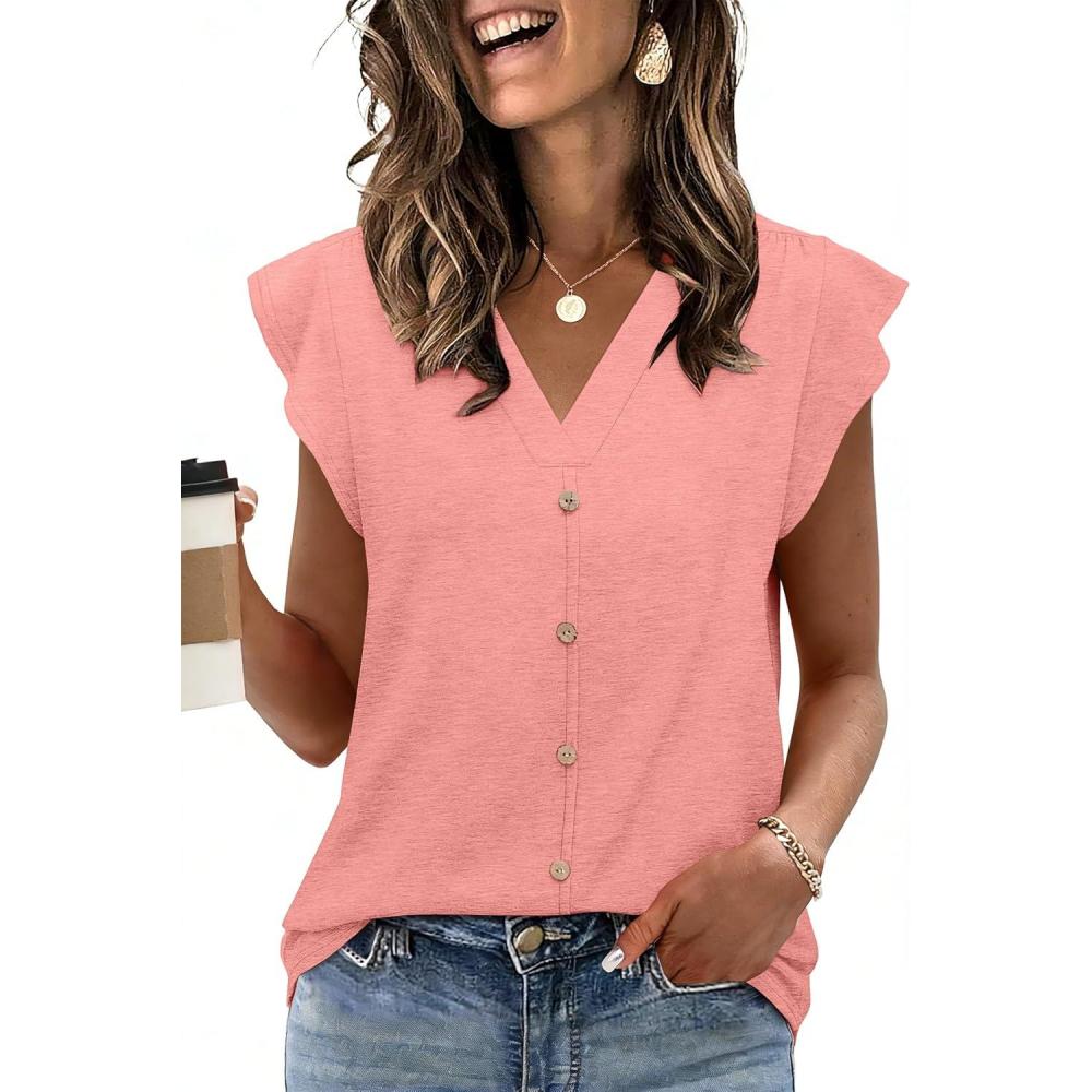 image:imageWomens Tops Ruffle Sleeve Shirts Ladies Tops and Blouses Spring Clothes Tank Tops for Women Business Casual Outfits 2026Coral