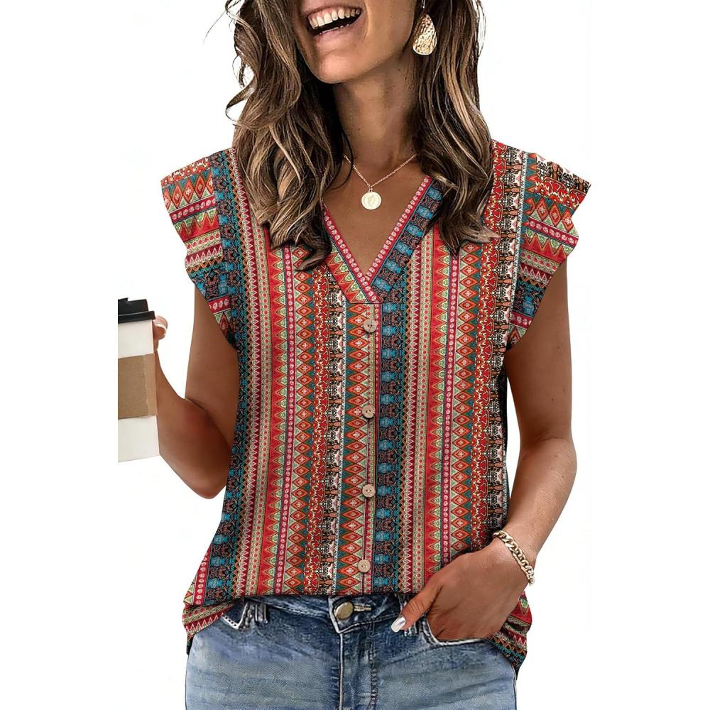 image:imageWomens Tops Ruffle Sleeve Shirts Ladies Tops and Blouses Spring Clothes Tank Tops for Women Business Casual Outfits 2026Red Stripe