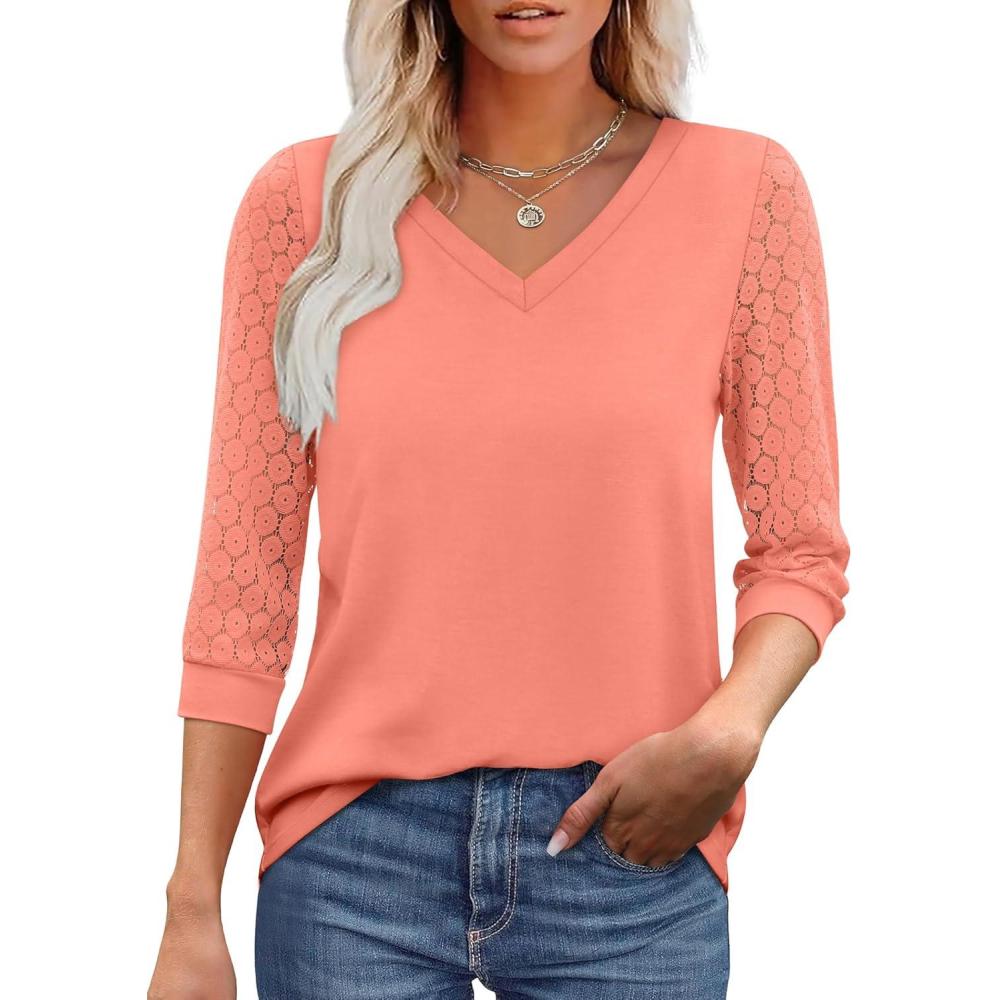 image:imageXIEERDUO 34 Length Sleeve Womens Tops VNeck Lace Tunic Tops Business Casual Outfits Work Blouses Dressy 2026Coral