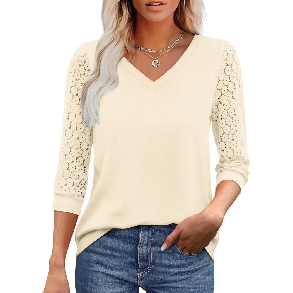 image:imageXIEERDUO 34 Length Sleeve Womens Tops VNeck Lace Tunic Tops Business Casual Outfits Work Blouses Dressy 2026Cream Apricot