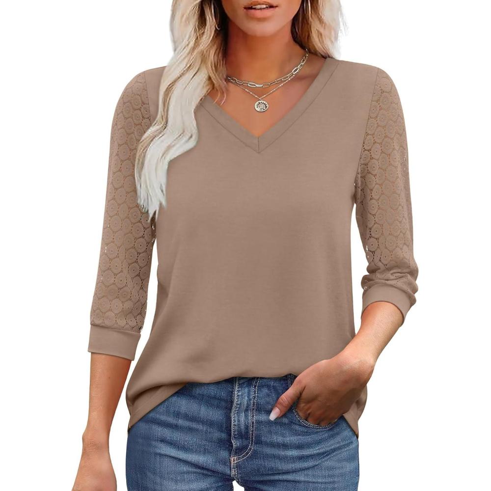 image:imageXIEERDUO 34 Length Sleeve Womens Tops VNeck Lace Tunic Tops Business Casual Outfits Work Blouses Dressy 2026Khaki