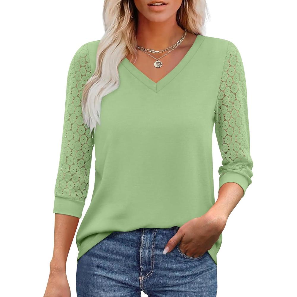 image:imageXIEERDUO 34 Length Sleeve Womens Tops VNeck Lace Tunic Tops Business Casual Outfits Work Blouses Dressy 2026Light Green