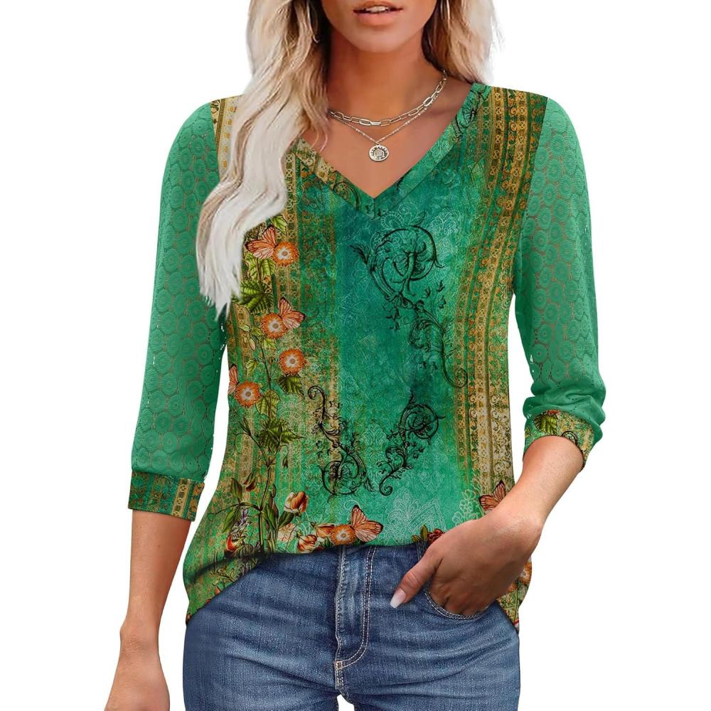 image:imageXIEERDUO 34 Length Sleeve Womens Tops VNeck Lace Tunic Tops Business Casual Outfits Work Blouses Dressy 2026Patternedgreen Floral