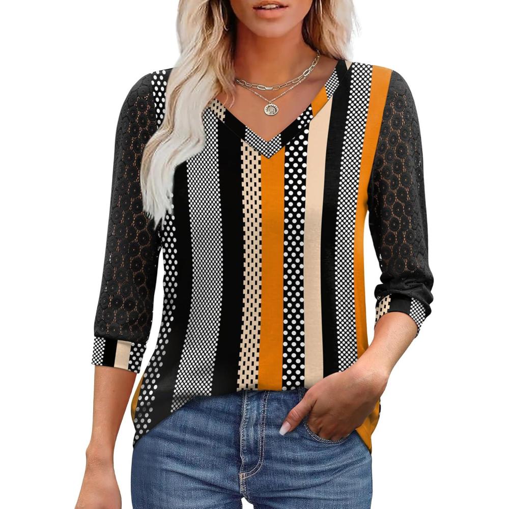 image:imageXIEERDUO 34 Length Sleeve Womens Tops VNeck Lace Tunic Tops Business Casual Outfits Work Blouses Dressy 2026Patternedkhaki Stripe