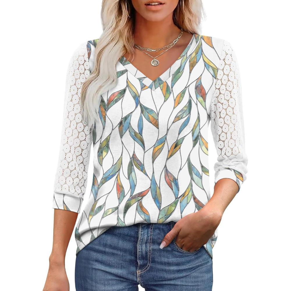 image:imageXIEERDUO 34 Length Sleeve Womens Tops VNeck Lace Tunic Tops Business Casual Outfits Work Blouses Dressy 2026Patternedwhite Print