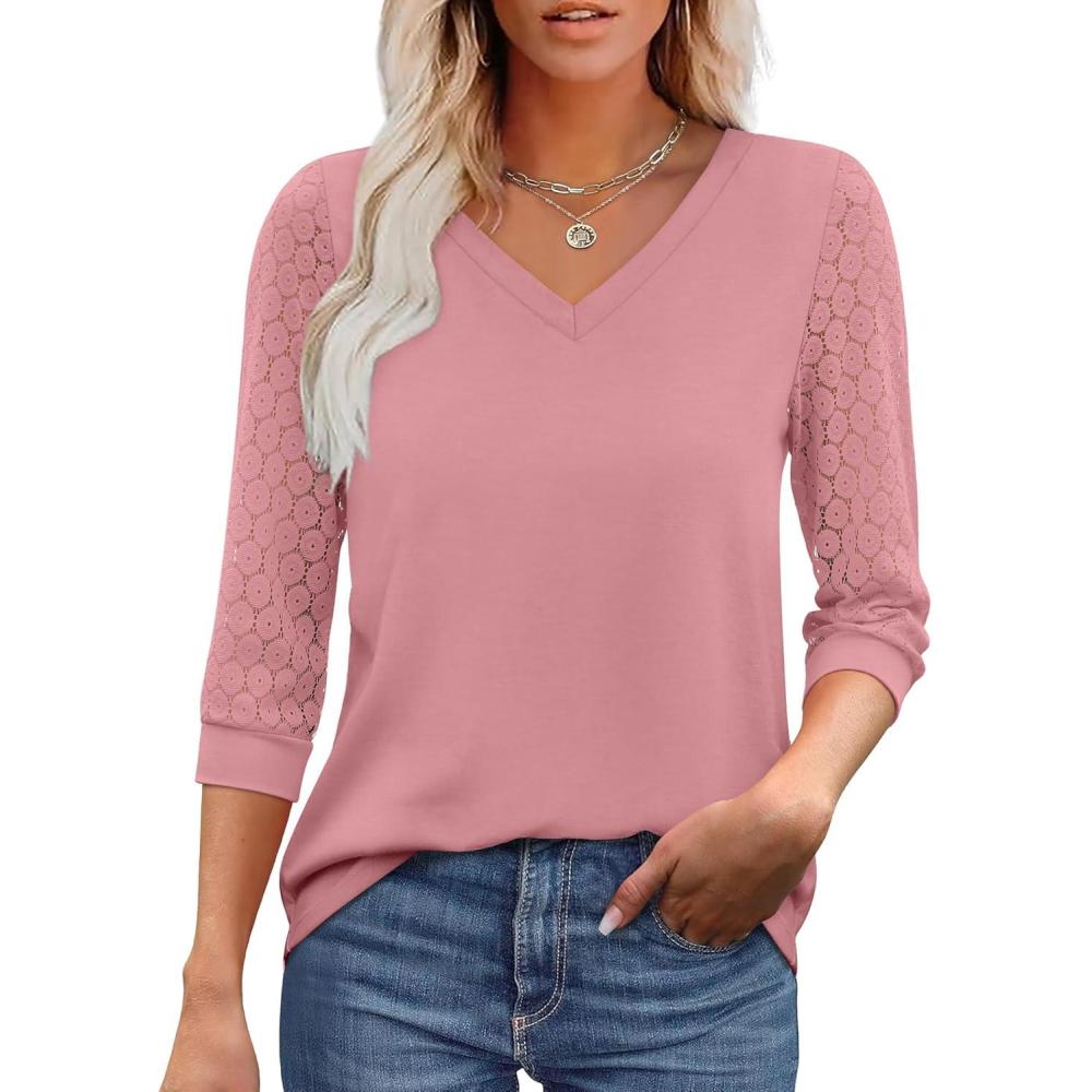 image:imageXIEERDUO 34 Length Sleeve Womens Tops VNeck Lace Tunic Tops Business Casual Outfits Work Blouses Dressy 2026Pink