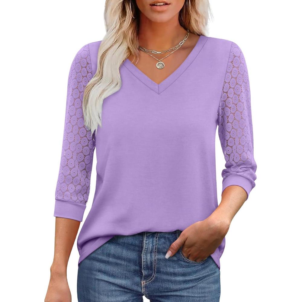 image:imageXIEERDUO 34 Length Sleeve Womens Tops VNeck Lace Tunic Tops Business Casual Outfits Work Blouses Dressy 2026Purple