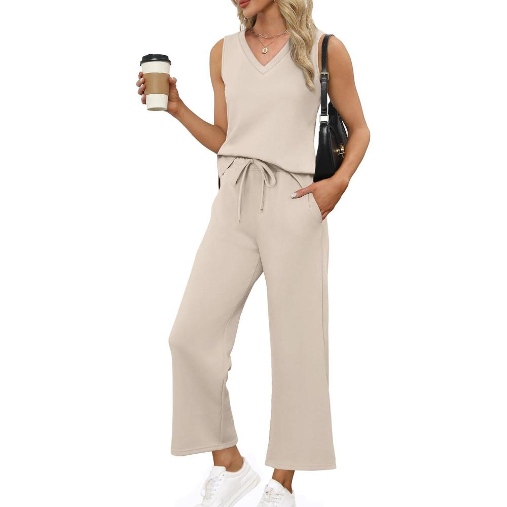 image:imageXIEERDUO Two Piece Sets for Women Summer Vacation Travel Outfits V Neck Lounge Matching SetsA Beige