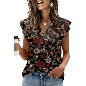 Womens Tops Ruffle Sleeve Shirts Ladies Tops and Blouses Spring Clothes Tank Tops for Women Business Casual Outfits 2026(Black Leaves)