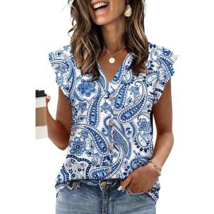 Womens Tops Ruffle Sleeve Shirts Ladies Tops and Blouses Spring Clothes Tank Tops for Women Business Casual Outfits 2026(Blue Floral)