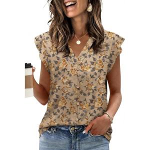Womens Tops Ruffle Sleeve Shirts Ladies Tops and Blouses Spring Clothes Tank Tops for Women Business Casual Outfits 2026(Coffee Floral)