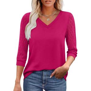 XIEERDUO 3/4 Length Sleeve Womens Tops V-Neck Lace Tunic Tops Business Casual Outfits Work Blouses Dressy 2026(Hot Pink)