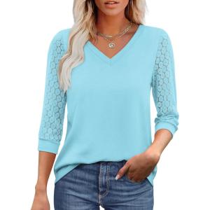 XIEERDUO 3/4 Length Sleeve Womens Tops V-Neck Lace Tunic Tops Business Casual Outfits Work Blouses Dressy 2026(Light Blue)