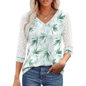 XIEERDUO 3/4 Length Sleeve Womens Tops V-Neck Lace Tunic Tops Business Casual Outfits Work Blouses Dressy 2026(Patterned-boho Leaf)