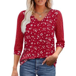 XIEERDUO 3/4 Length Sleeve Womens Tops V-Neck Lace Tunic Tops Business Casual Outfits Work Blouses Dressy 2026(Patterned-red Print)