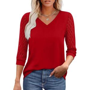 XIEERDUO 3/4 Length Sleeve Womens Tops V-Neck Lace Tunic Tops Business Casual Outfits Work Blouses Dressy 2026(Red)