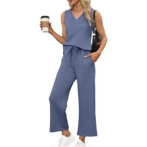 XIEERDUO Two Piece Sets for Women Summer Vacation Travel Outfits V Neck Lounge Matching Sets(C Dusty Blue)