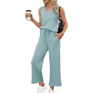 XIEERDUO Two Piece Sets for Women Summer Vacation Travel Outfits V Neck Lounge Matching Sets(C Turquoise)