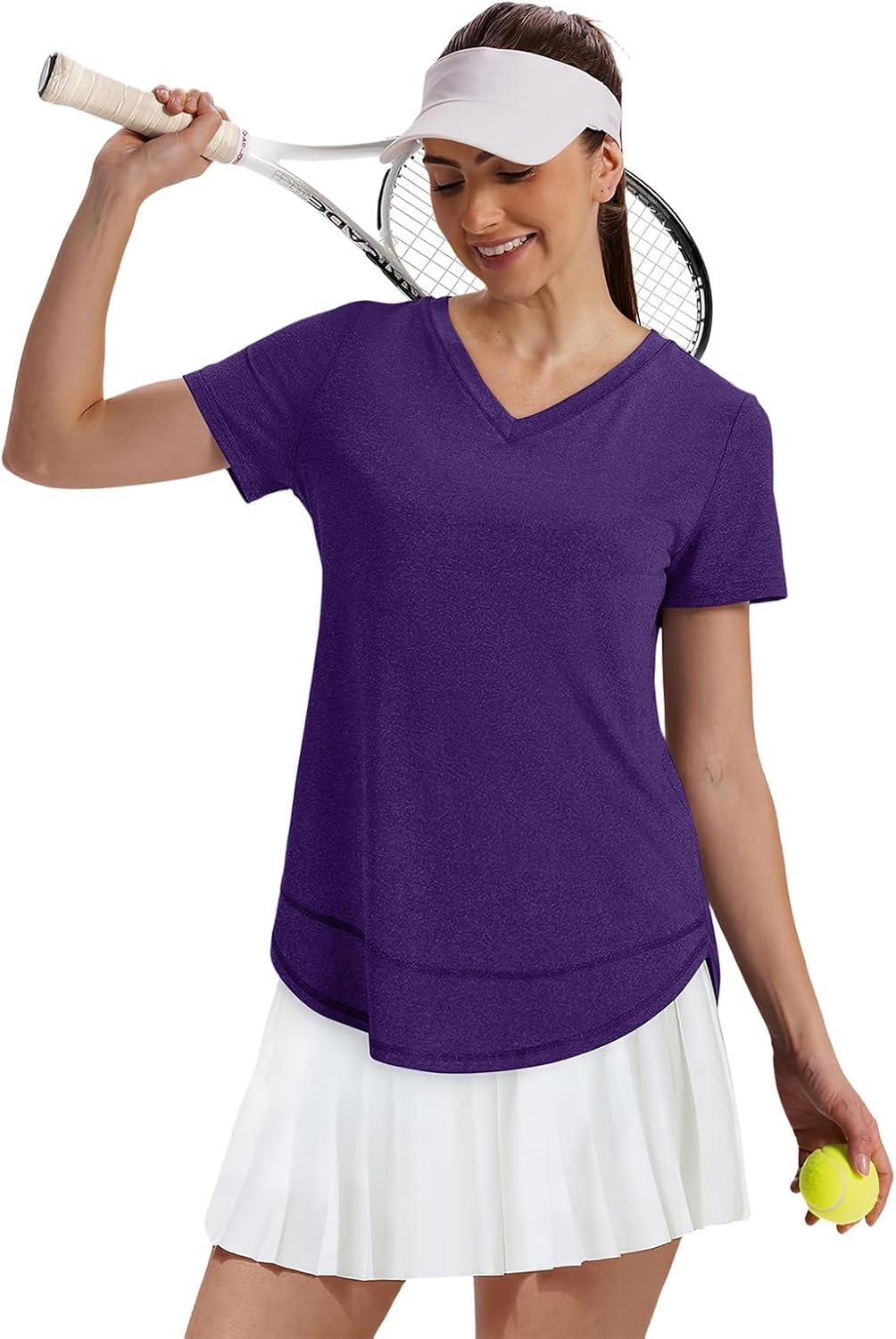 image:imageXIEERDUO Womens Workout Tops Short Sleeve Shirts Sun Protection UPF 50 Quick Dry Outfits for Hiking Running V Neck S3XL11 Purple
