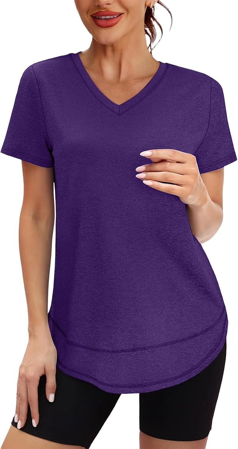 image:imageXIEERDUO Womens Workout Tops Short Sleeve Shirts Sun Protection UPF 50 Quick Dry Outfits for Hiking Running V Neck S3XL11 Purple