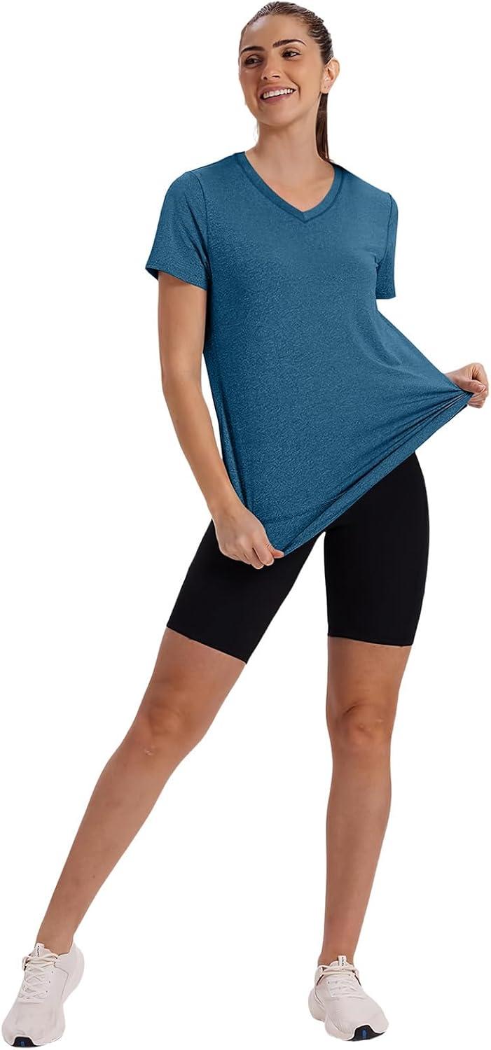 image:imageXIEERDUO Womens Workout Tops Short Sleeve Shirts Sun Protection UPF 50 Quick Dry Outfits for Hiking Running V Neck S3XL12 Dark Blue Green