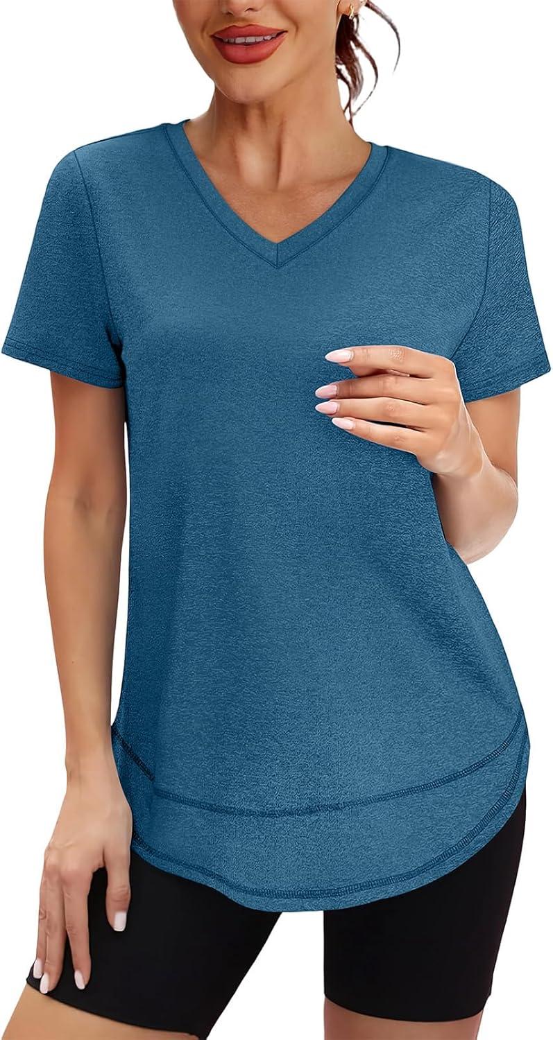 image:imageXIEERDUO Womens Workout Tops Short Sleeve Shirts Sun Protection UPF 50 Quick Dry Outfits for Hiking Running V Neck S3XL12 Dark Blue Green