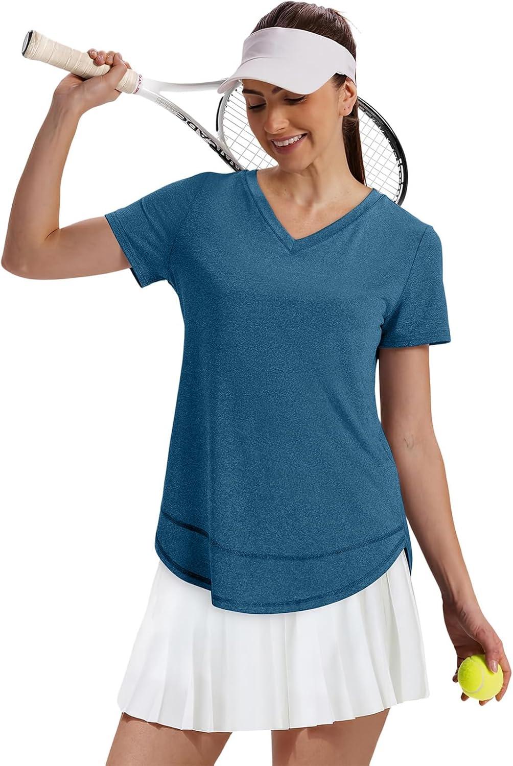image:imageXIEERDUO Womens Workout Tops Short Sleeve Shirts Sun Protection UPF 50 Quick Dry Outfits for Hiking Running V Neck S3XL12 Dark Blue Green