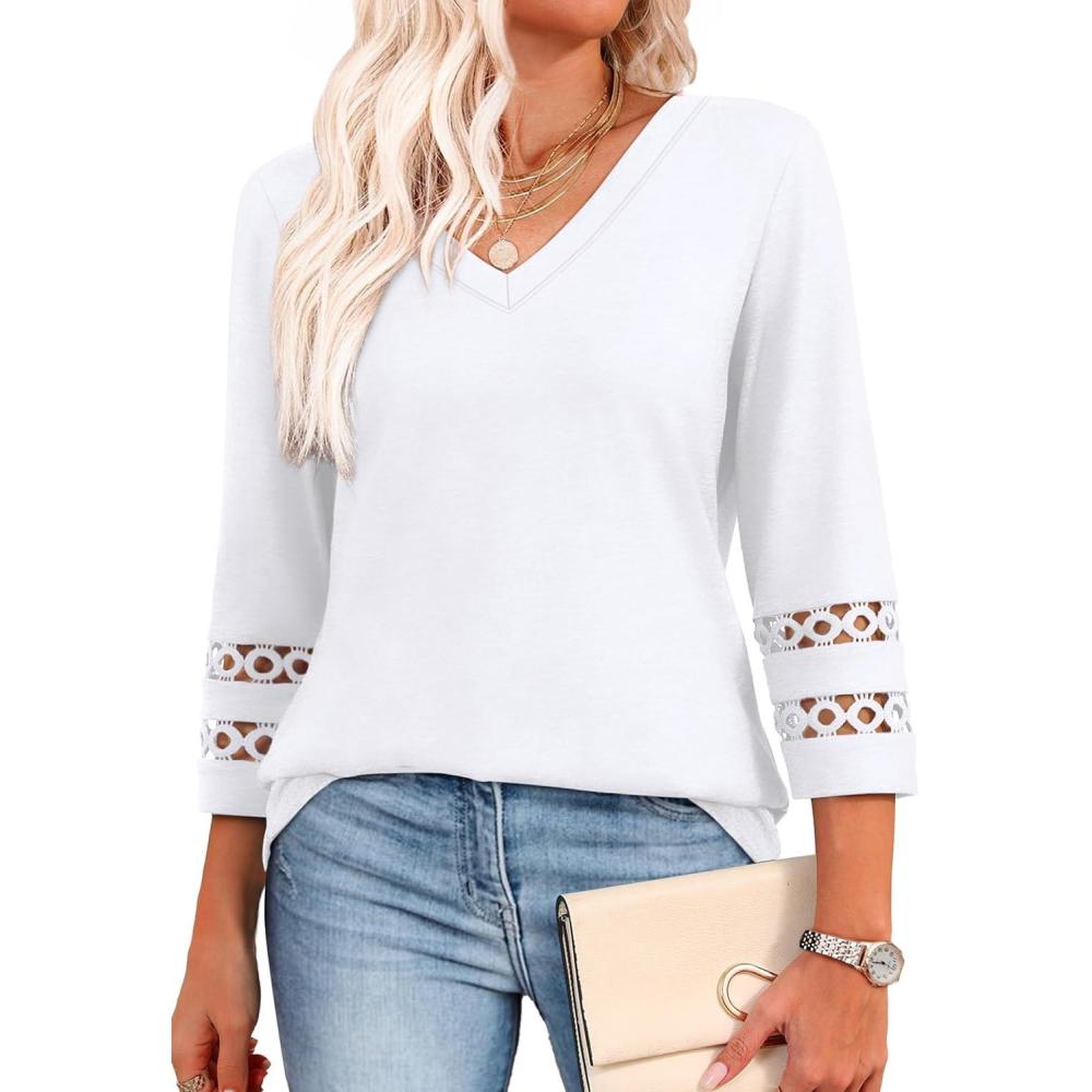 image:imageXIEERDUO 34 Length Sleeve Womens Tops Dressy Casual Blouses for Women 2026 Trendy V Neck T Shirts Summer ClothesA White