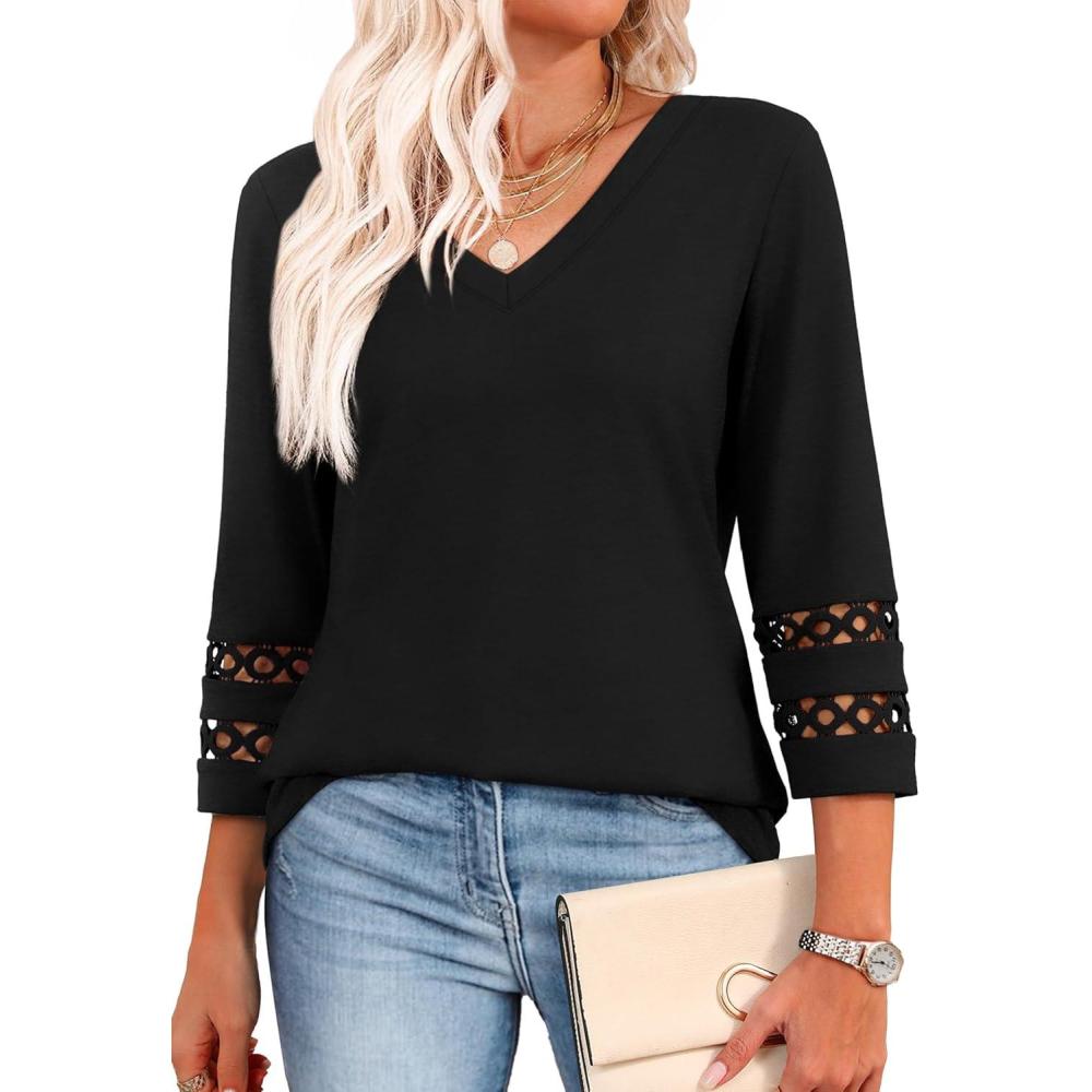 image:imageXIEERDUO 34 Length Sleeve Womens Tops Dressy Casual Blouses for Women 2026 Trendy V Neck T Shirts Summer ClothesBlack