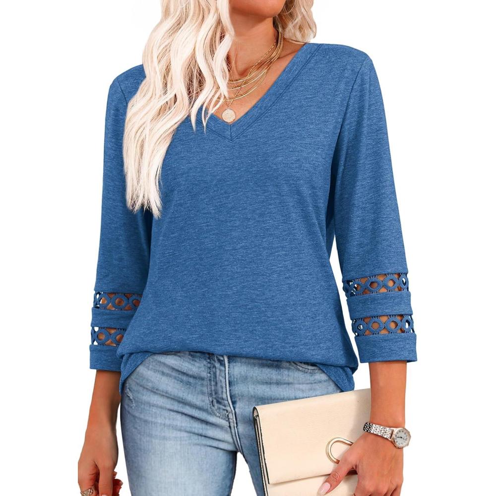 image:imageXIEERDUO 34 Length Sleeve Womens Tops Dressy Casual Blouses for Women 2026 Trendy V Neck T Shirts Summer ClothesBlue