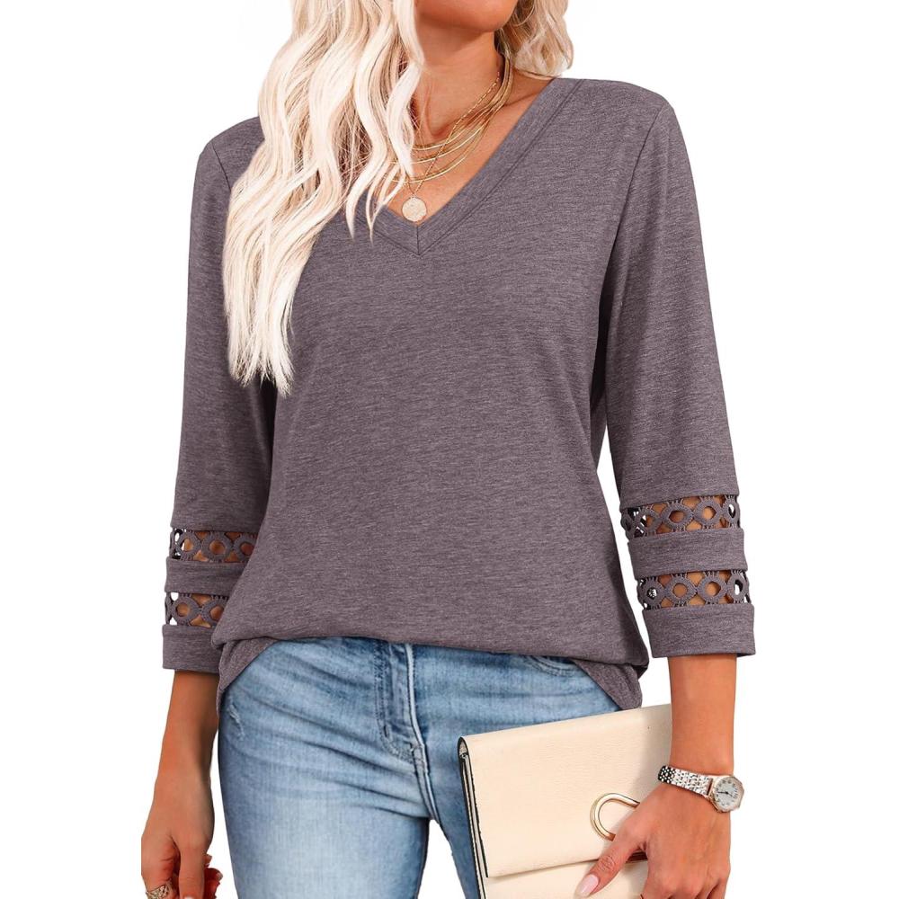 image:imageXIEERDUO 34 Length Sleeve Womens Tops Dressy Casual Blouses for Women 2026 Trendy V Neck T Shirts Summer ClothesCoffee Grey
