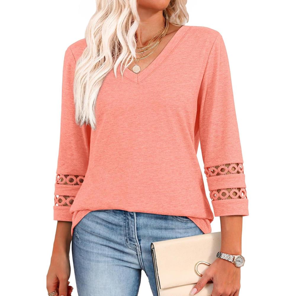 image:imageXIEERDUO 34 Length Sleeve Womens Tops Dressy Casual Blouses for Women 2026 Trendy V Neck T Shirts Summer ClothesCoral