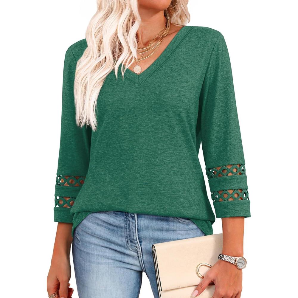 image:imageXIEERDUO 34 Length Sleeve Womens Tops Dressy Casual Blouses for Women 2026 Trendy V Neck T Shirts Summer ClothesGreen