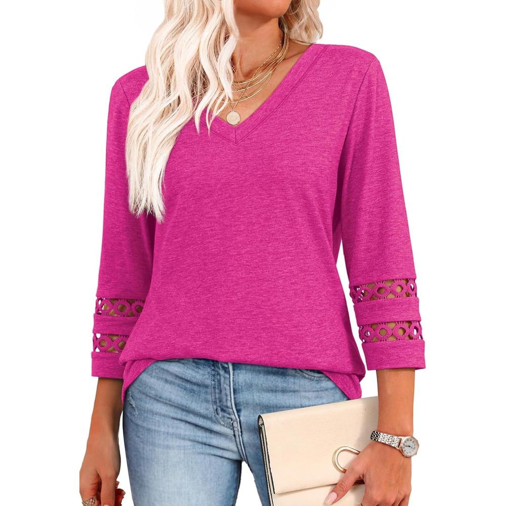 image:imageXIEERDUO 34 Length Sleeve Womens Tops Dressy Casual Blouses for Women 2026 Trendy V Neck T Shirts Summer ClothesHot Pink