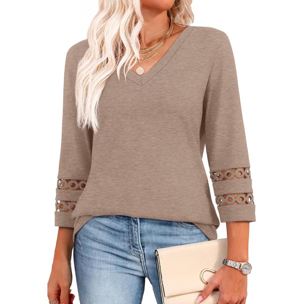 image:imageXIEERDUO 34 Length Sleeve Womens Tops Dressy Casual Blouses for Women 2026 Trendy V Neck T Shirts Summer ClothesKhaki