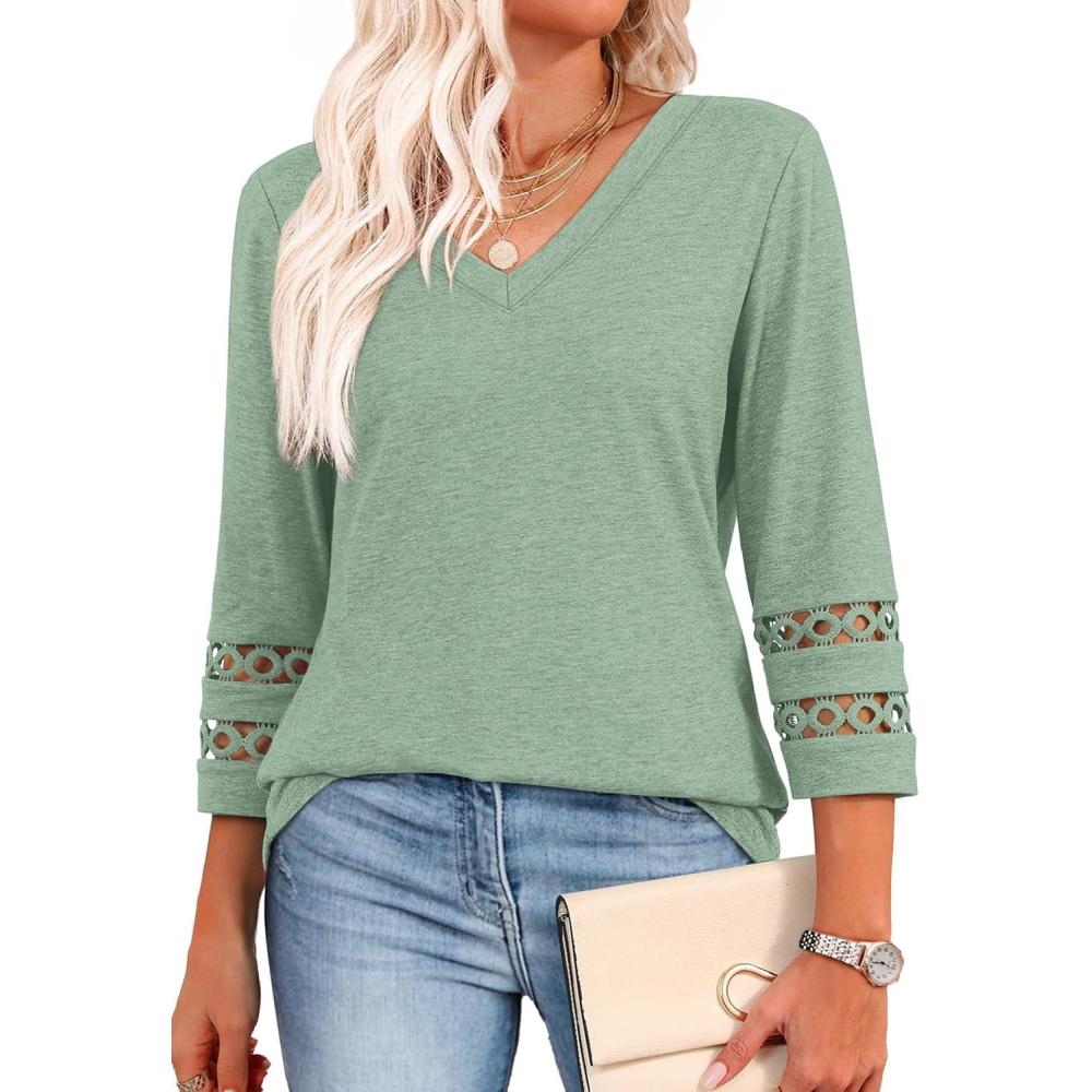 image:imageXIEERDUO 34 Length Sleeve Womens Tops Dressy Casual Blouses for Women 2026 Trendy V Neck T Shirts Summer ClothesLight Green