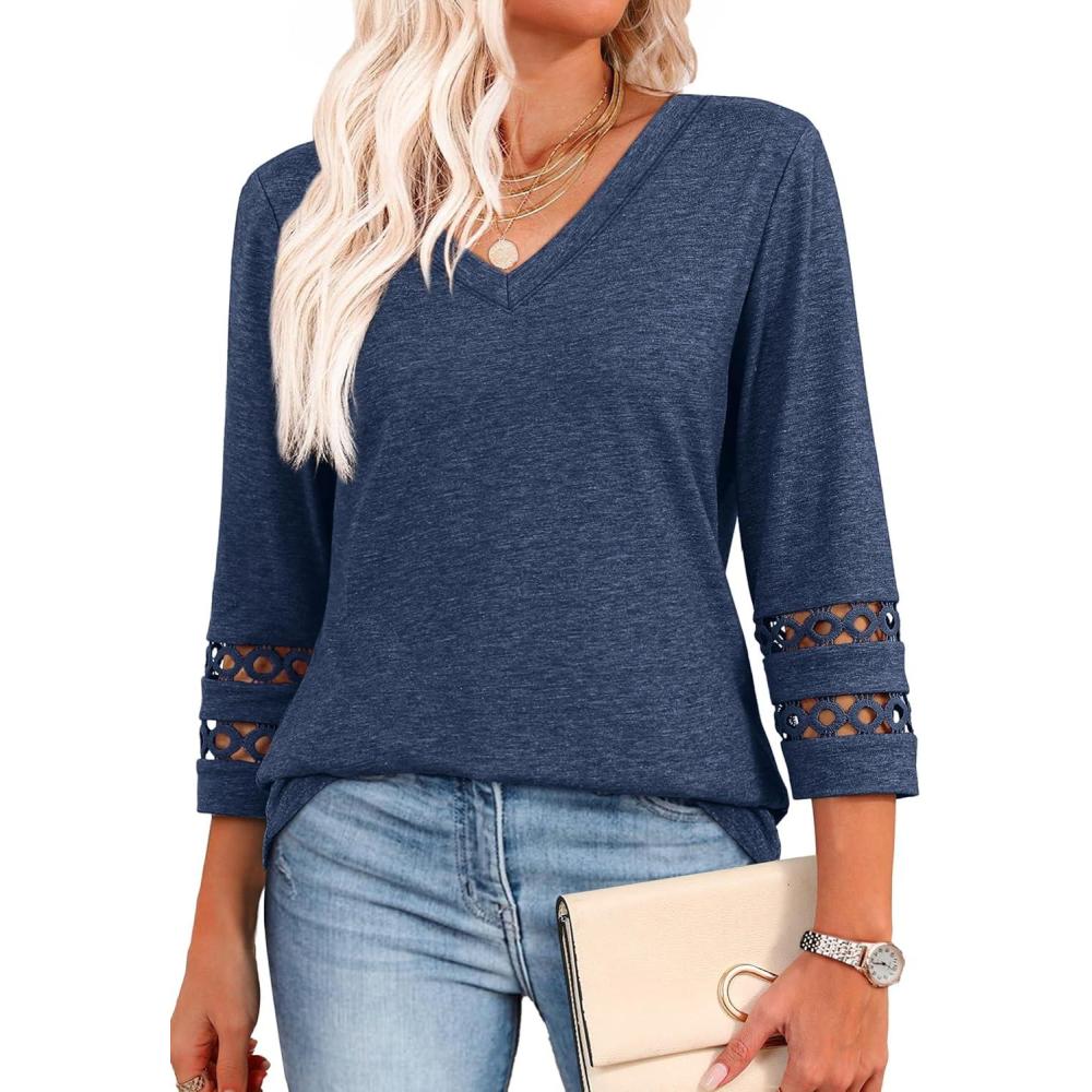 image:imageXIEERDUO 34 Length Sleeve Womens Tops Dressy Casual Blouses for Women 2026 Trendy V Neck T Shirts Summer ClothesNavy Blue