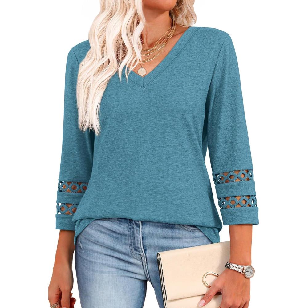 image:imageXIEERDUO 34 Length Sleeve Womens Tops Dressy Casual Blouses for Women 2026 Trendy V Neck T Shirts Summer ClothesTurquoise