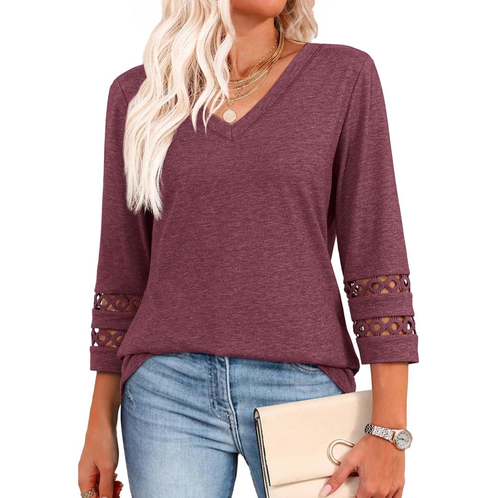 image:imageXIEERDUO 34 Length Sleeve Womens Tops Dressy Casual Blouses for Women 2026 Trendy V Neck T Shirts Summer ClothesWine Red