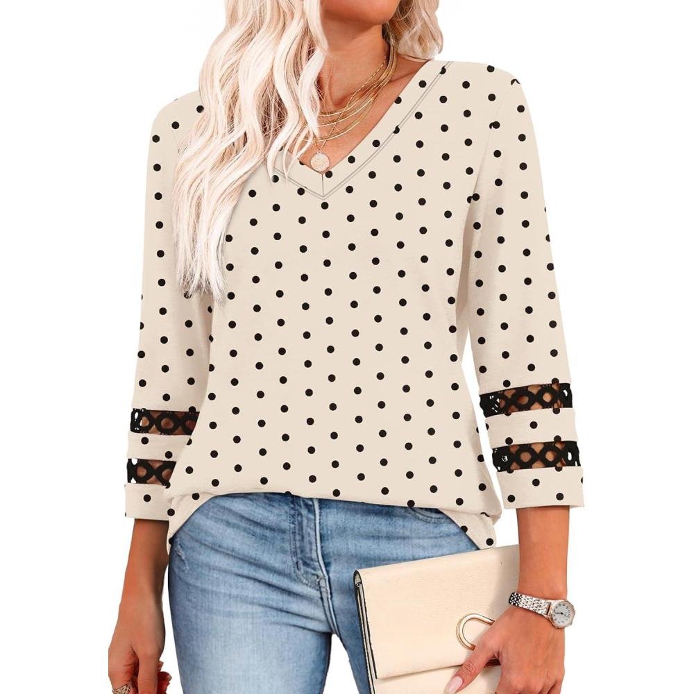 image:imageXIEERDUO 34 Length Sleeve Womens Tops Dressy Casual Blouses for Women 2026 Trendy V Neck T Shirts Summer ClothesZ Beige Dot