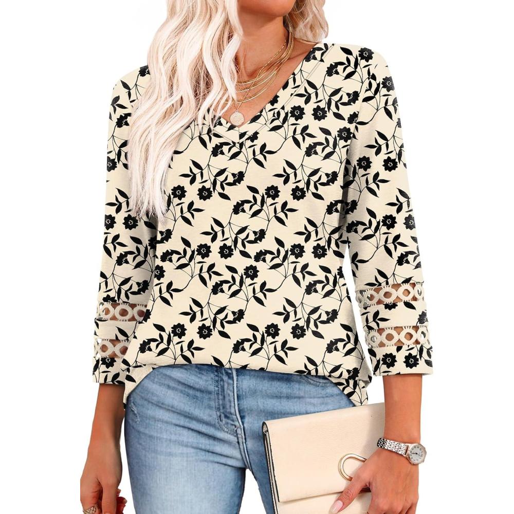image:imageXIEERDUO 34 Length Sleeve Womens Tops Dressy Casual Blouses for Women 2026 Trendy V Neck T Shirts Summer ClothesZ Beige Printed